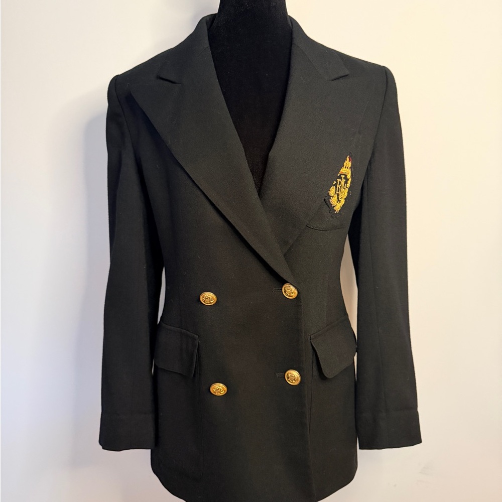 Vintage Ralph Lauren Black Wool Blazer with Gold Buttons